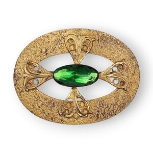 Antique Art Nouveau Heart Sash Pin Brooch Green Paste Stone Matte Gold Gilt Oval